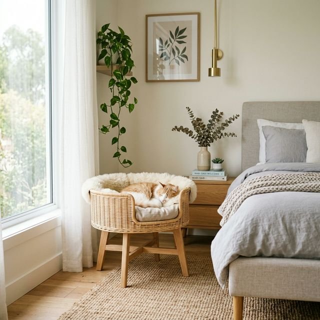 Cama para gatos acogedora y elevada en un rincón tranquilo del dormitorio
