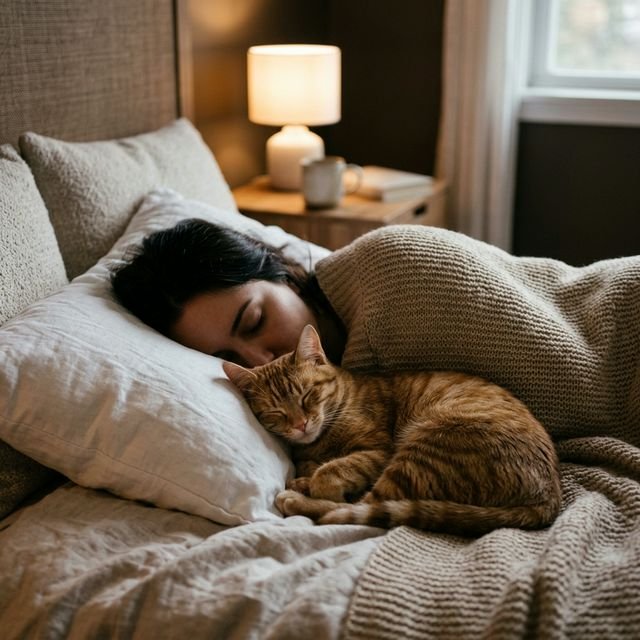 Gato buscando calor y estabilidad cerca de la cabeza de su tutor