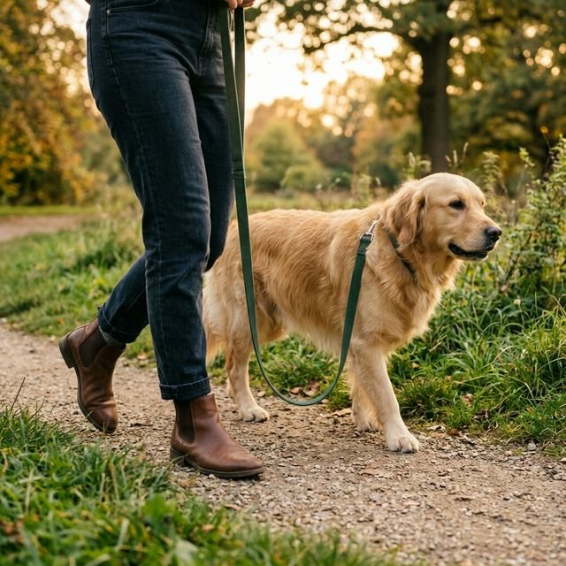 Perro caminando correctamente con la correa floja junto a su dueño, ejemplificando un paseo sin estrés.