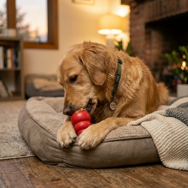 Perro concentrado jugando de forma independiente en su cama
