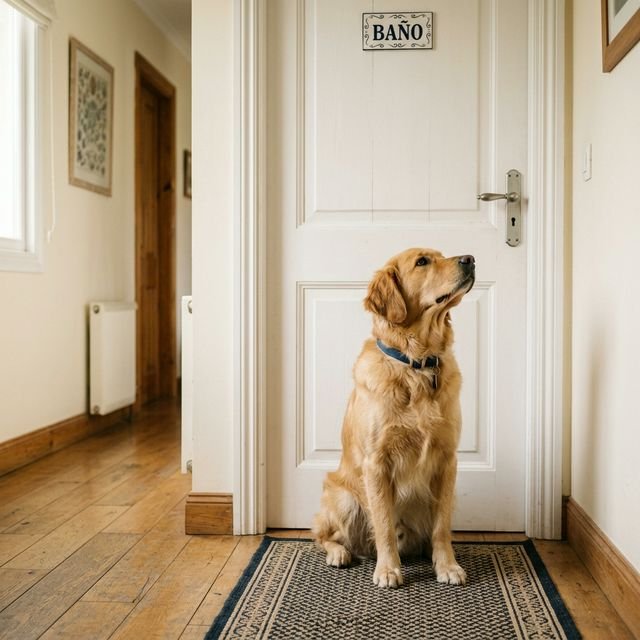 Perro esperando pacientemente fuera de una puerta cerrada