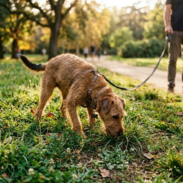 Perro concentrado olfateando el suelo durante un paseo de enriquecimiento ambiental.