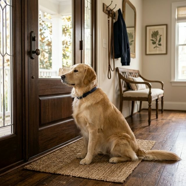 Perro esperando sentado y calmado antes de que su tutor abra la puerta para salir a pasear.