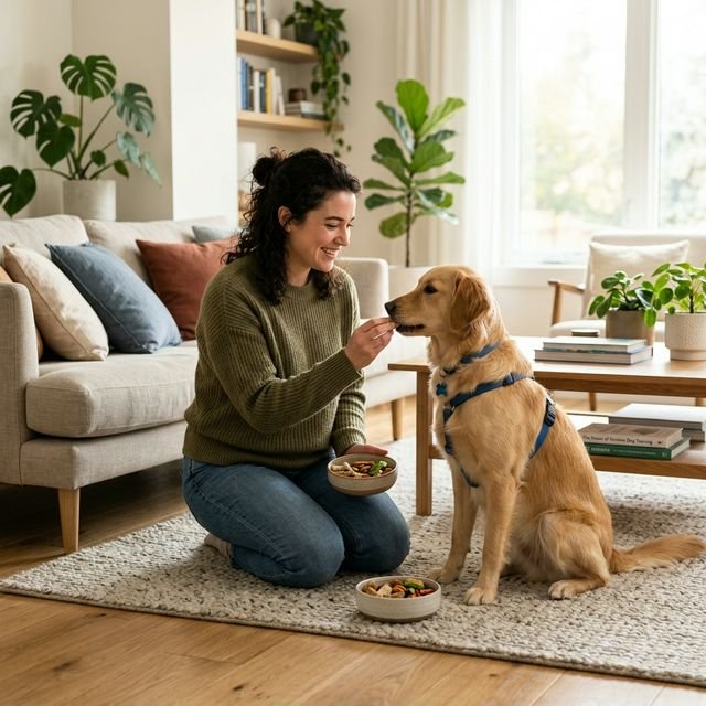 Tutor premiando la calma de su perro con snacks saludables
